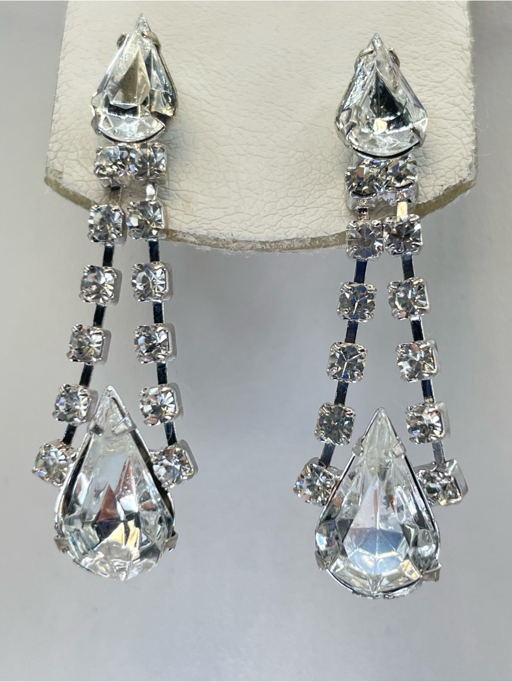 Silver Tone White Crystal Glass Teardrop Dangle Statement Earrings